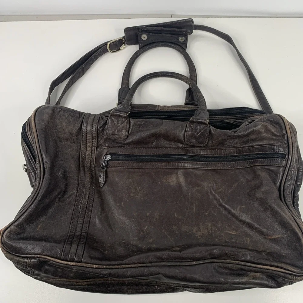 VTG Scully Western Duffle Bag Leather Zipper Walnut w Strap And Leather Handle